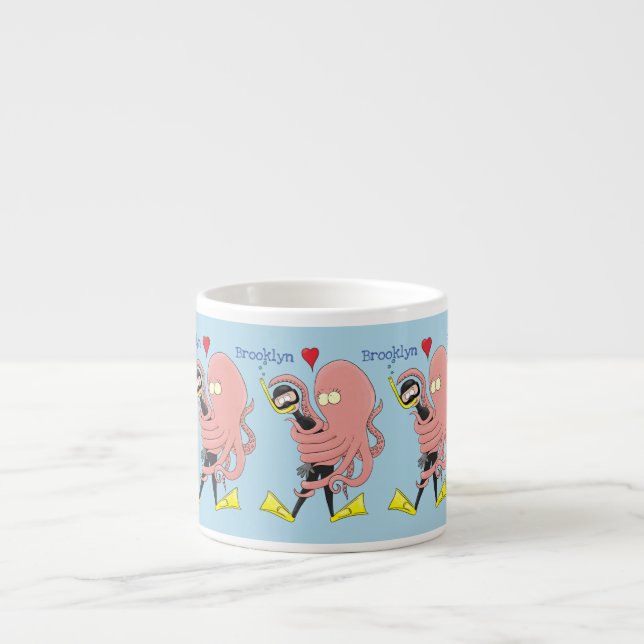 Funny octopus hugs diver cartoon humour espresso cup (Front)