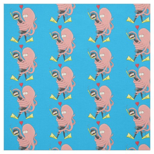 Funny octopus hugs diver cartoon humour fabric