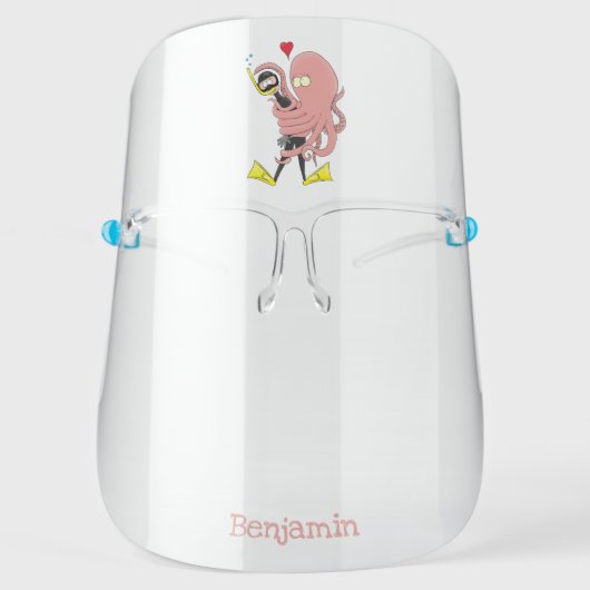 Funny octopus hugs diver cartoon humour face shield (Front)