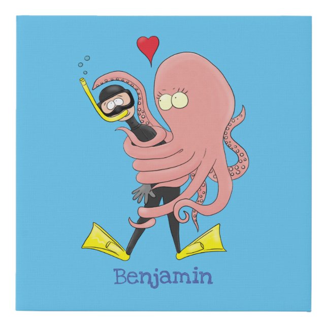 Funny octopus hugs diver cartoon humour faux canvas print (Front)