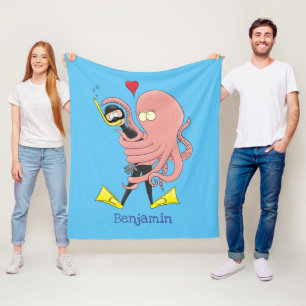 Funny octopus hugs diver cartoon humour fleece blanket