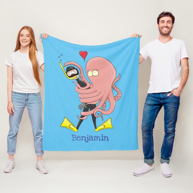 Funny octopus hugs diver cartoon humour fleece blanket (In Situ)