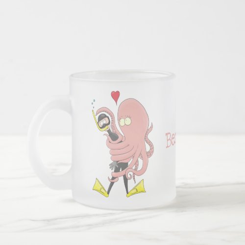 Funny octopus hugs diver cartoon humour  frosted glass coffee mug