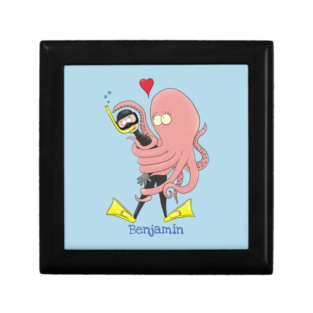 Funny octopus hugs diver cartoon humour gift box (Front)