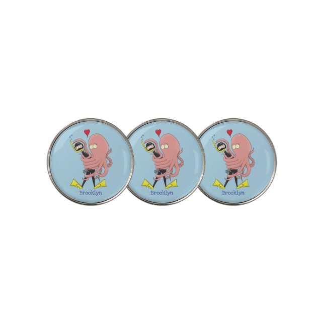 Funny octopus hugs diver cartoon humour golf ball marker (3 Up)