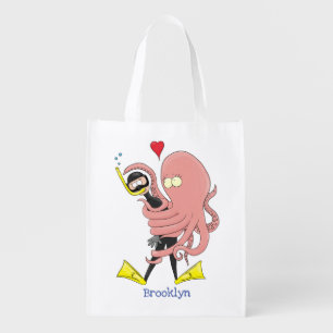 Funny octopus hugs diver cartoon humour grocery bag