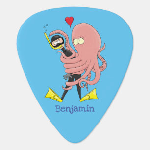 Funny octopus hugs diver cartoon humour guitar pick