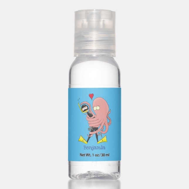 Funny octopus hugs diver cartoon humour hand sanitizer (Front)