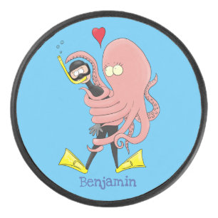 Funny octopus hugs diver cartoon humour hockey puck