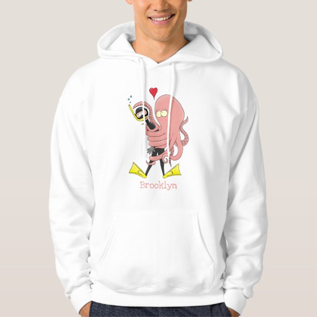 Funny octopus hugs diver cartoon humour hoodie (Front)
