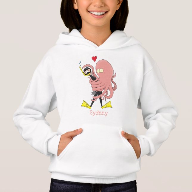 Funny octopus hugs diver cartoon humour hoodie (Front)