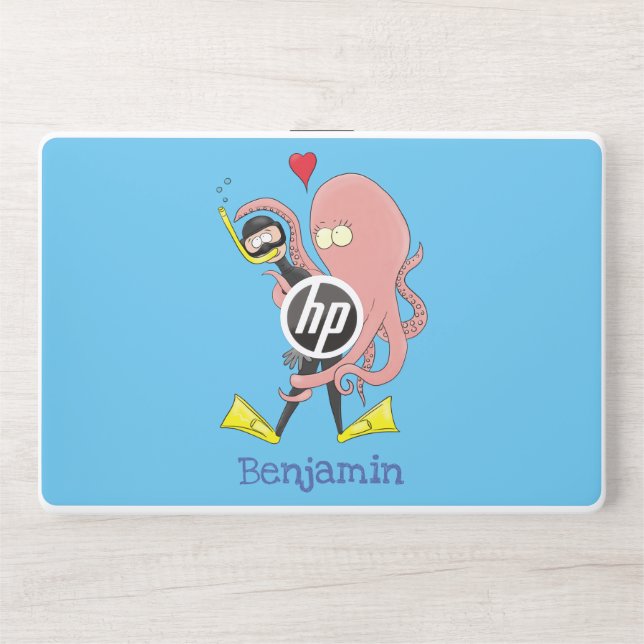 Funny octopus hugs diver cartoon humour  HP laptop skin (Front)