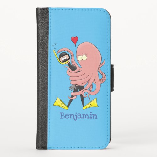 Funny octopus hugs diver cartoon humour iPhone x wallet case