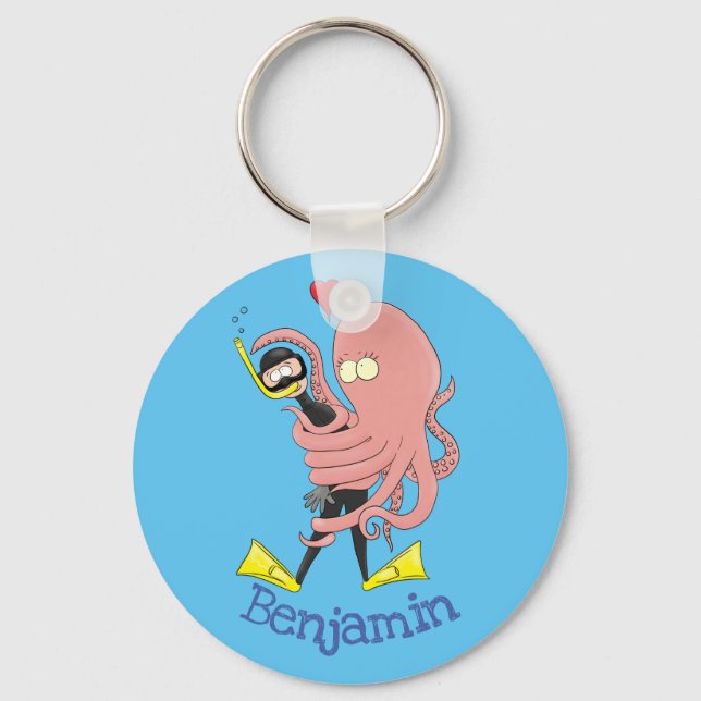 Funny octopus hugs diver cartoon humour  keychain (Front)