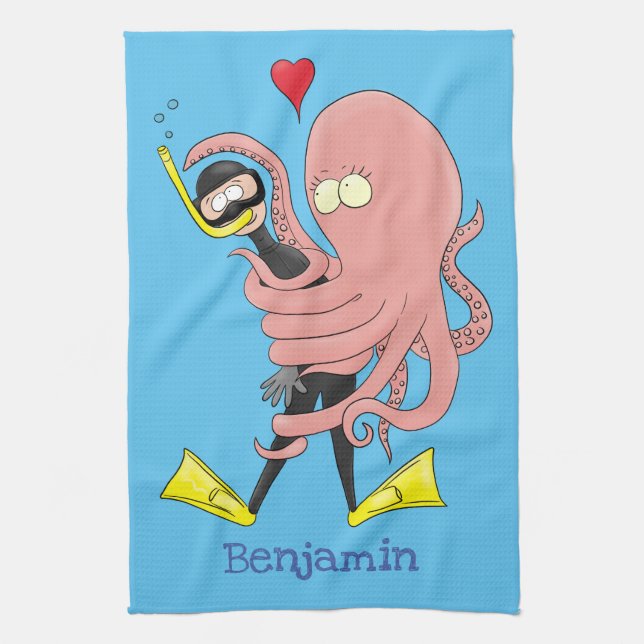 Funny octopus hugs diver cartoon humour kitchen towel (Vertical)
