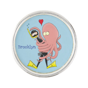Funny octopus hugs diver cartoon humour lapel pin