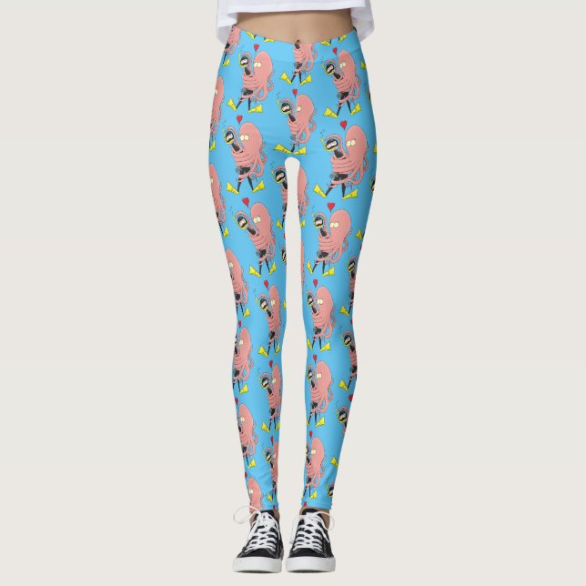 Funny octopus hugs diver cartoon humour  leggings (Front)