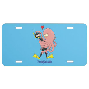 Funny octopus hugs diver cartoon humour license plate