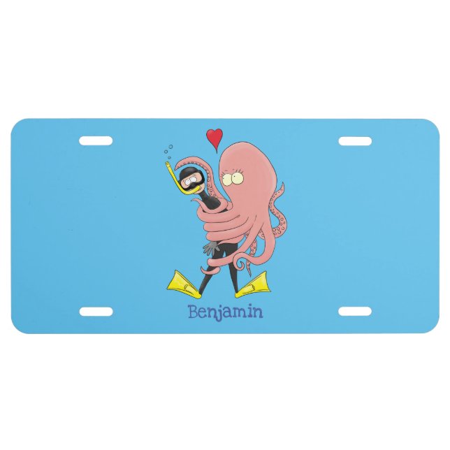 Funny octopus hugs diver cartoon humour  license plate (Front)