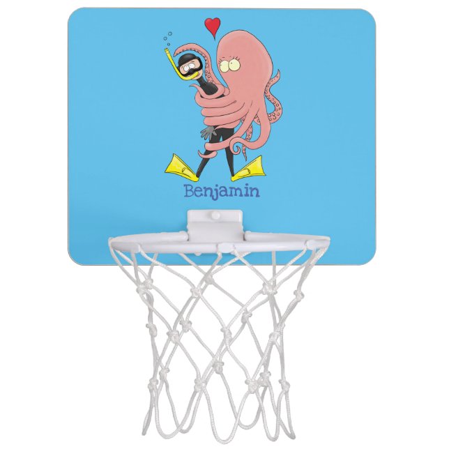 Funny octopus hugs diver cartoon humour mini basketball hoop (Front)