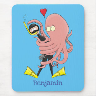 Funny octopus hugs diver cartoon humour mouse pad