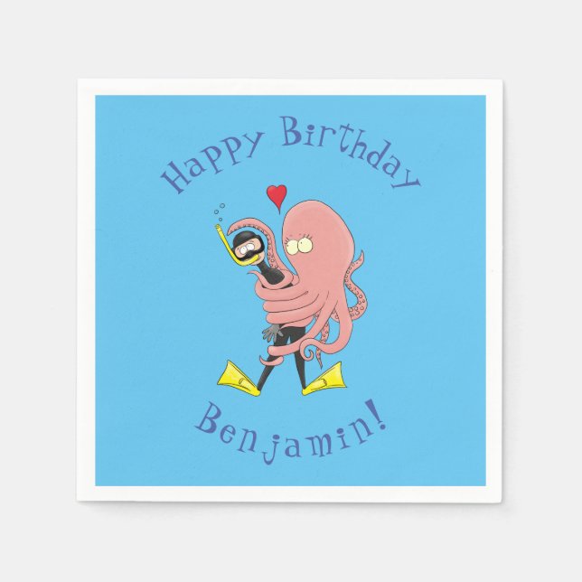 Funny octopus hugs diver cartoon humour  napkins (Front)