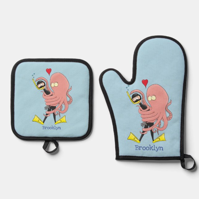 Funny octopus hugs diver cartoon humour oven mitt & pot holder set (Front)