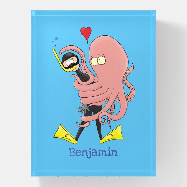 Funny octopus hugs diver cartoon humour  paperweight (Vertical)