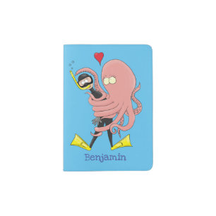 Funny octopus hugs diver cartoon humour passport holder