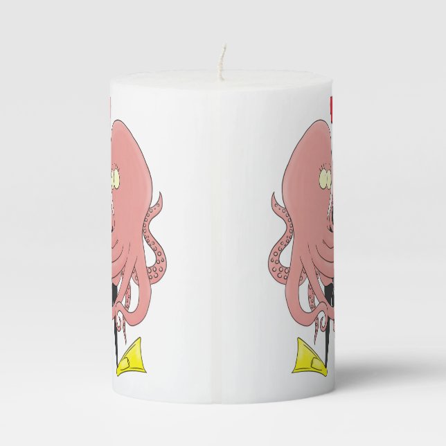 Funny octopus hugs diver cartoon humour pillar candle (Back)
