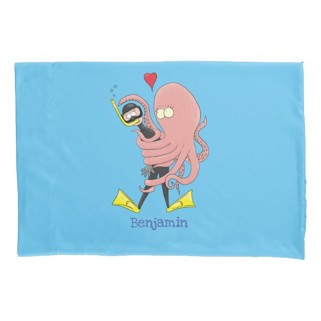 Funny octopus hugs diver cartoon humour pillow case (Front)