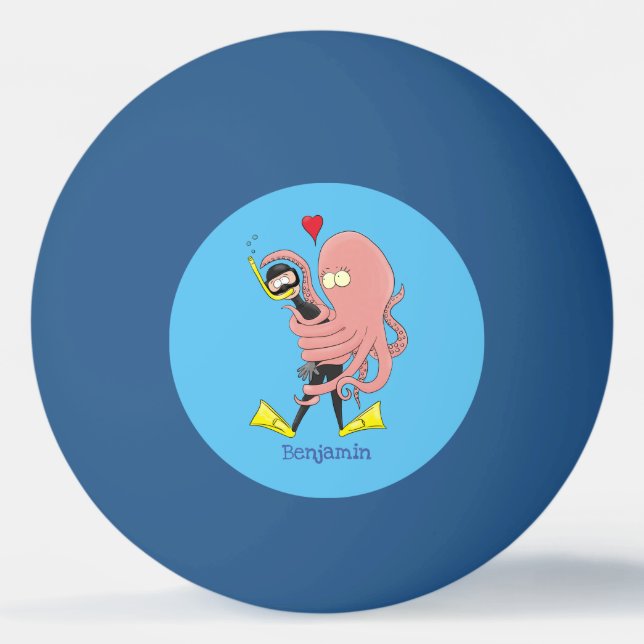 Funny octopus hugs diver cartoon humour ping pong ball (Front)