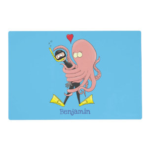 Funny octopus hugs diver cartoon humour placemat