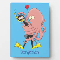 Funny octopus hugs diver cartoon humour plaque