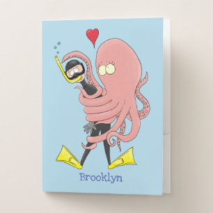 Funny octopus hugs diver cartoon humour pocket folder