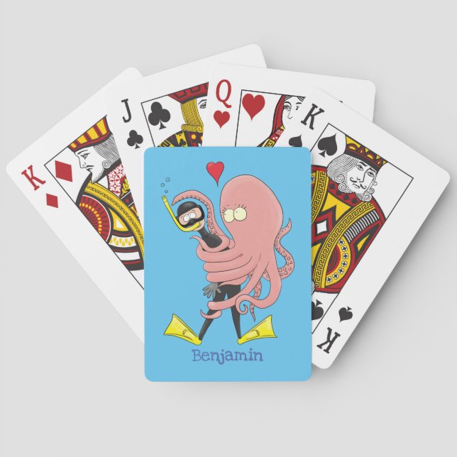 Funny octopus hugs diver cartoon humour poker cards (Back)