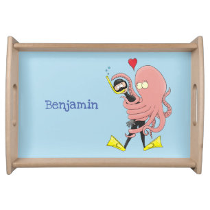 Funny octopus hugs diver cartoon humour serving tray