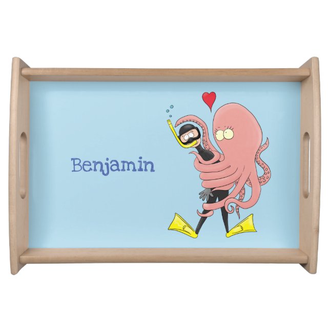 Funny octopus hugs diver cartoon humour serving tray (Front)