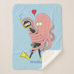 Funny octopus hugs diver cartoon humour sherpa blanket