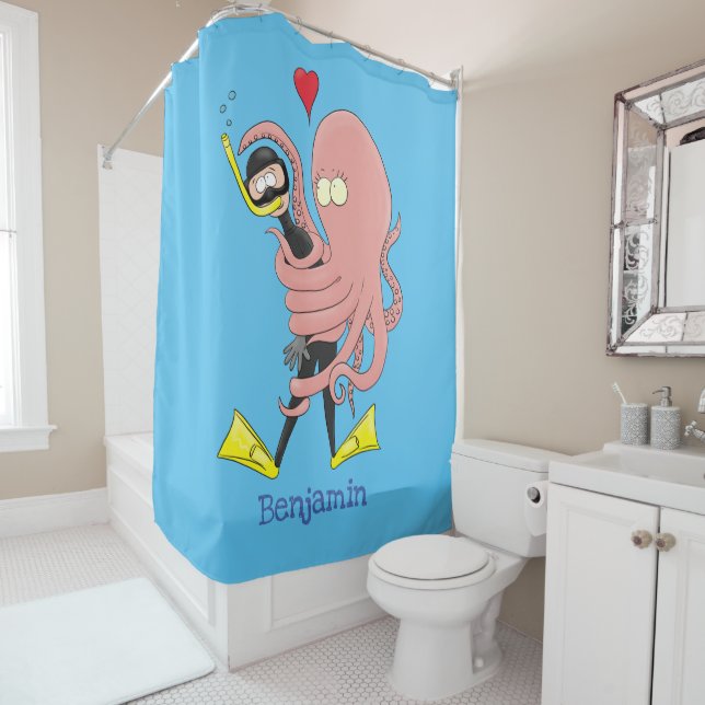 Funny octopus hugs diver cartoon humour shower curtain (In Situ)