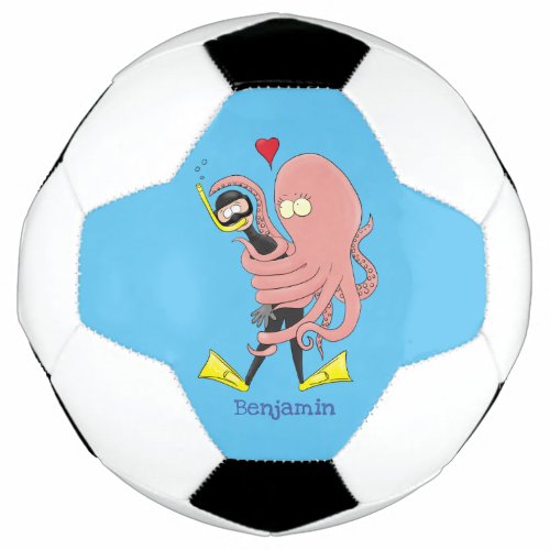 Funny octopus hugs diver cartoon humour soccer ball