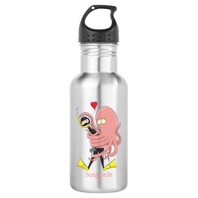 Funny octopus hugs diver cartoon humour  stainless steel water bottle (Front)