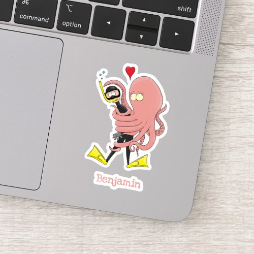 Funny octopus hugs diver cartoon humour sticker