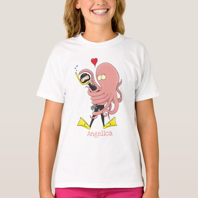 Funny octopus hugs diver cartoon humour  T-Shirt (Front)