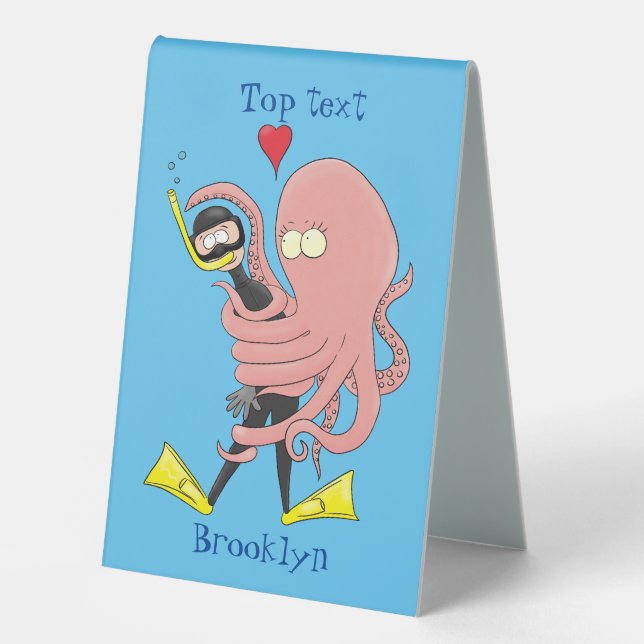 Funny octopus hugs diver cartoon humour table tent (Front)
