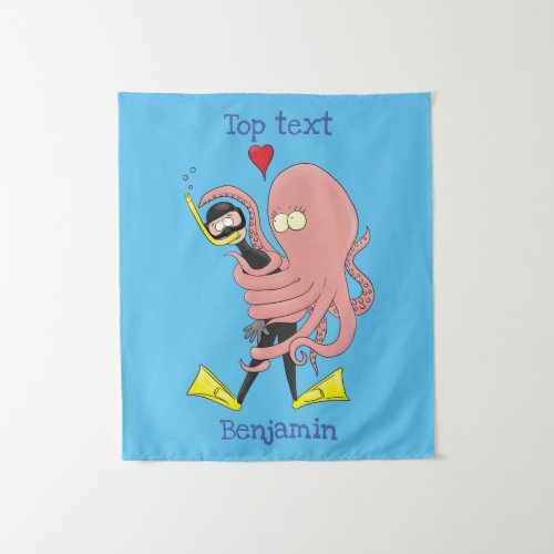 Funny octopus hugs diver cartoon humour tapestry