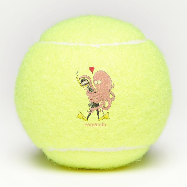 Funny octopus hugs diver cartoon humour tennis balls (Front)