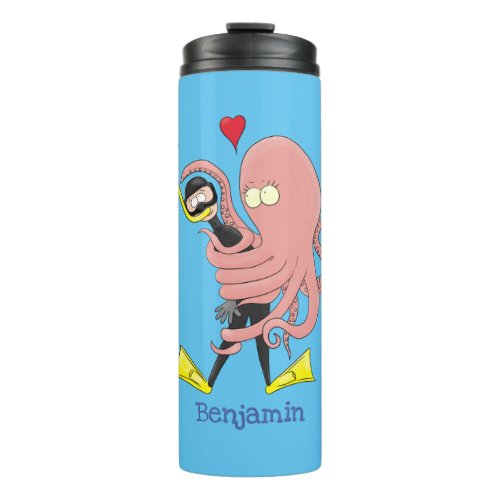 Funny octopus hugs diver cartoon humour thermal tumbler