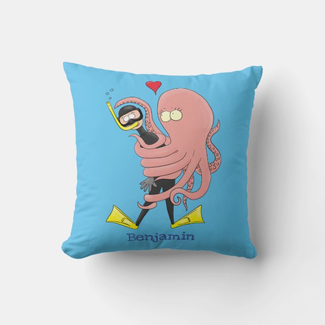 Funny octopus hugs diver cartoon humour throw pillow (Front)