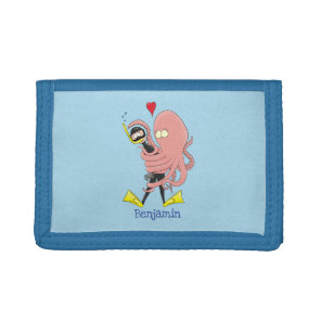 Funny octopus hugs diver cartoon humour tri-fold wallet